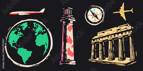 Travel themed illustration featuring landmarks globe and navigational tools