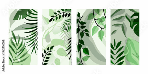 Four vertical panels showcasing various tropical leaf patterns in green
