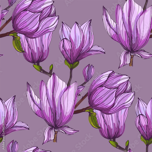 Beautiful pink magnolia flowers blooming on tree branches, spring floral background with large magnolia blossoms against blue sky, elegant botanical nature scene