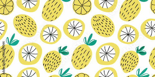A seamless pattern of stylized lemons and green leaves on white