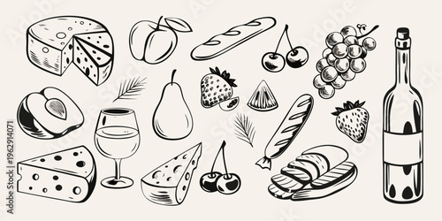 A charming black and white illustration of various foods and wine