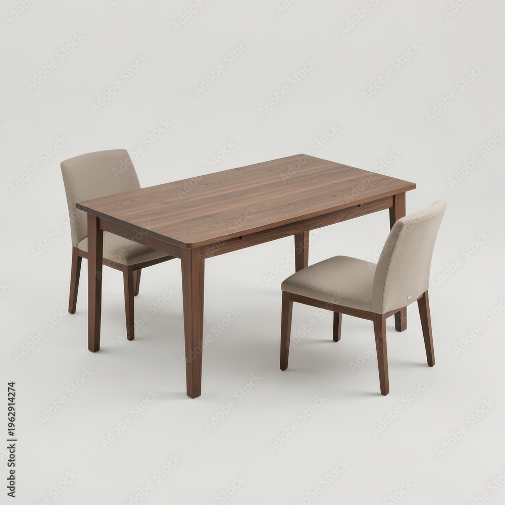 Fototapeta premium Wooden Dining Table with Two Upholstered Chairs in Minimalist Style