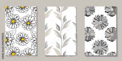 Three botanical panels featuring floral and leafy grayscale patterns