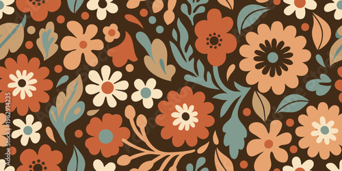A colorful floral pattern with stylized blooms and leafy elements
