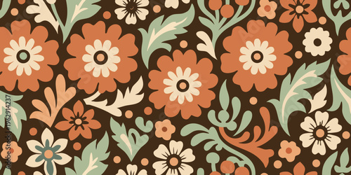 A repeating floral pattern with orange teal and cream blossoms