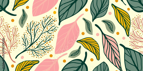 Stylized botanical illustration featuring colorful leaves and floral elements