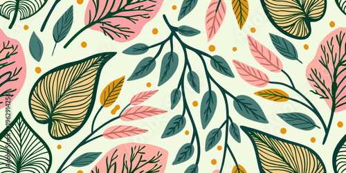Stylized botanical illustration featuring colorful leaves and delicate branches