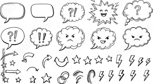 A collection of comic speech bubbles emoticons and various cartoon style icons for digital communication and illustration