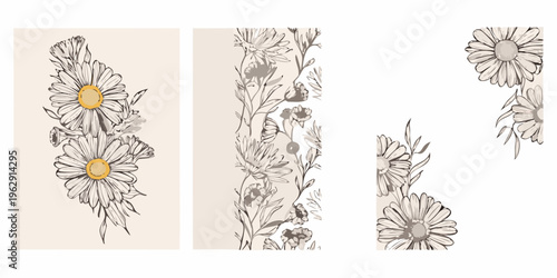 Floral botanical sketches arranged in vertical rectangular panels