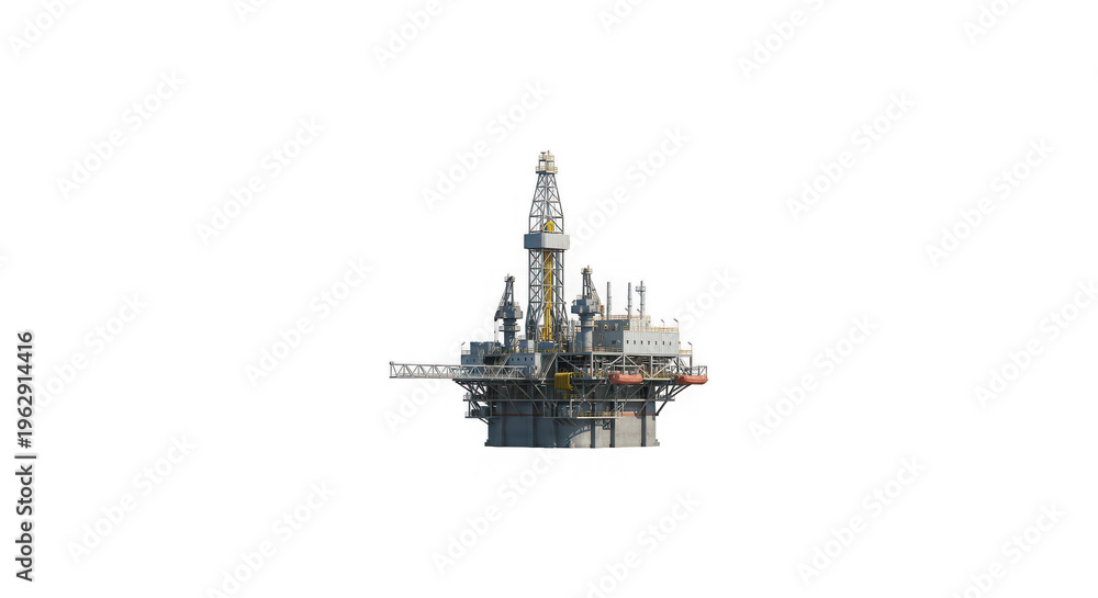 Fototapeta premium An industrial offshore oil drilling rig stands tall above the sea near a busy harbor where cranes and cargo ships handle freight and shipping containers at the loading dock