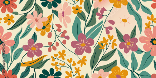 A vibrant floral pattern featuring colorful blossoms and lush green leaves