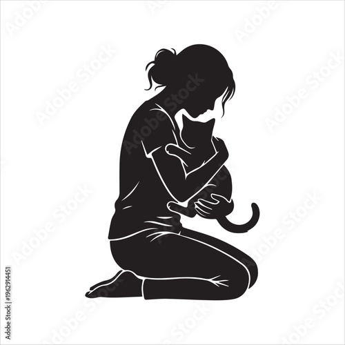Silhouette of a young woman kneeling and hugging her cat, concept of pet love and animal companionship.