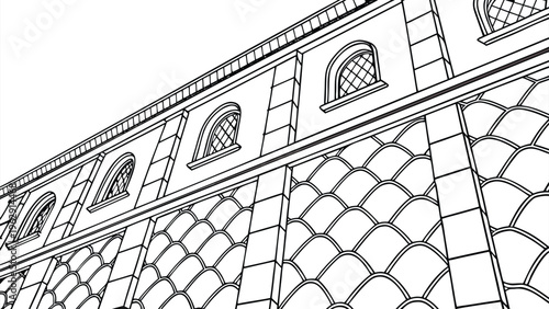 Ancient architectural structure with intricate arches and geometric patterns in detailed monochrome design