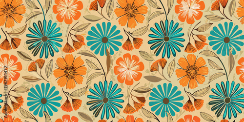 A vibrant floral pattern featuring orange teal and beige blossoms