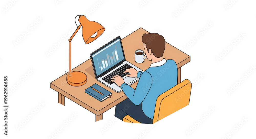 Fototapeta premium Man Working Diligently on Laptop at Desk.
