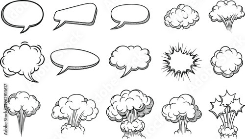 A collection of 12 comic book style speech bubbles and explosion effects illustrations