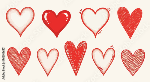 Collection of red hand drawn hearts in various styles and textures