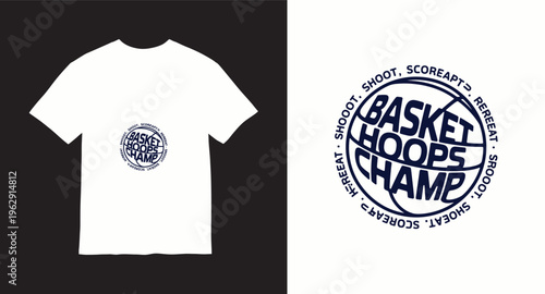 Basketball hoops champ t-shirt design with circular typography and ball silhouette