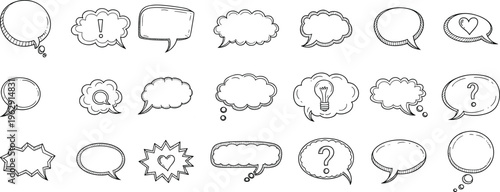 A collection of 20 unique speech bubbles in various shapes and sizes for creative use