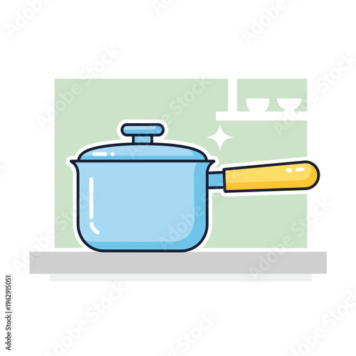 Blue pot with yellow handle on kitchen countertop with green wall