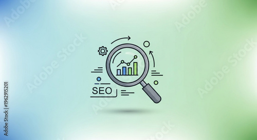 Seo optimization concept with magnifying glass on colorful graph and arrows on gradient background for search engine marketing strategy