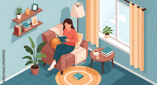 Woman reading book in cozy armchair at home.