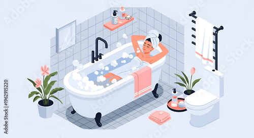 Woman Relaxing in a Bubble Bath with Towel on Head.