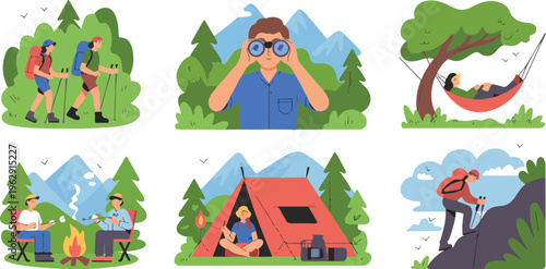 Vector flat illustration set of people camping hiking and exploring nature in the mountains for outdoor adventure design.