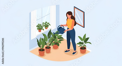 Woman watering houseplants in a bright room.