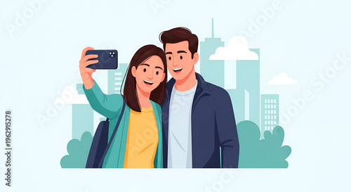 Young Couple Taking a Selfie Together Outdoors.