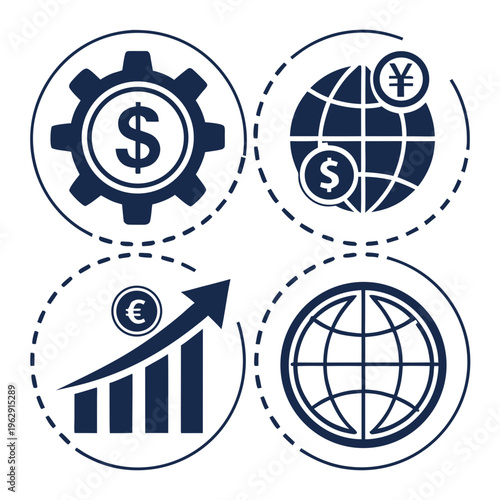 Financial icons with currency symbols and graphs