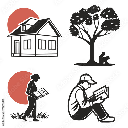 People reading in various settings