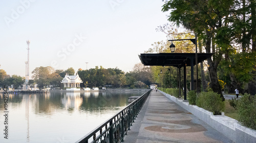 View landscape of Landmarks destinations for exercise workout of thai people fitness enthusiast walk run in Somdet Phra Srinagarindra Park or Suan Somdet Ya Garden at Pak Kret in Nonthaburi, Thailand