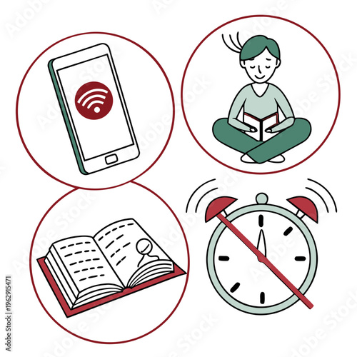 Icons of a smartphone, a person reading a book, an open book, and an alarm clock