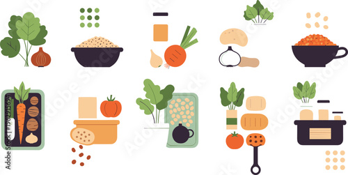 Healthy cooking ingredients and vegetable meal preparation flat vector illustration organic food elements for nutrition recipes and kitchen design