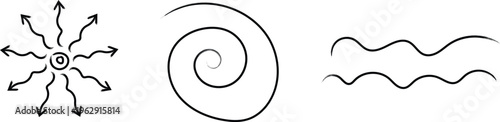 A set of three different black line art designs on a including wavy lines and arrows and a spiral shape element