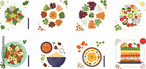 Healthy food dishes collection flat vector illustration salads soups grain bowls and layered meals nutritious menu concept set