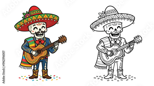 Cinco De Mayo Skeleton Mariachi Coloring Page Smiling and Playing Guitar