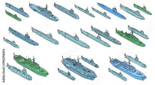 Naval Fleet Submarine and Amphibious Ship Isometric Icon Set – Military Marine Vehicle Multiview Outline