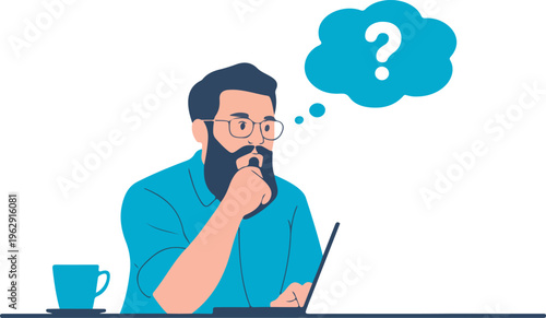 Flat vector illustration of a bearded man sitting at a laptop thinking with a question mark speech bubble.