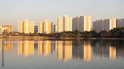 View landscape of Landmarks destinations for exercise workout of thai people fitness enthusiast walk run in Somdet Phra Srinagarindra Park or Suan Somdet Ya Garden at Pak Kret in Nonthaburi, Thailand