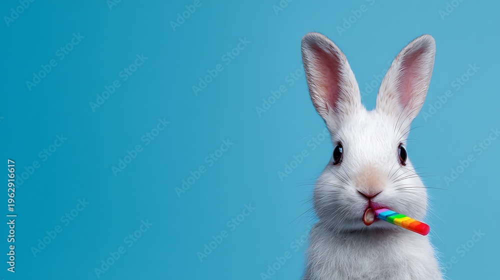 Obraz premium Cute white rabbit on blue background with copy space for text 