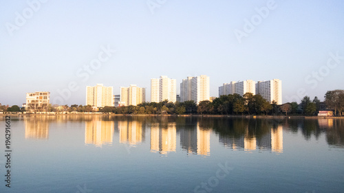 View landscape of Landmarks destinations for exercise workout of thai people fitness enthusiast walk run in Somdet Phra Srinagarindra Park or Suan Somdet Ya Garden at Pak Kret in Nonthaburi, Thailand