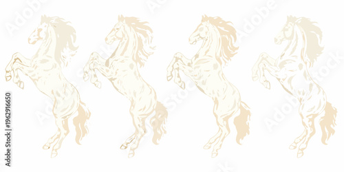 Four rearing horses depicted in a minimalist sketch like illustration style