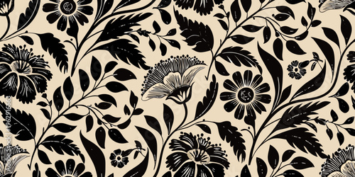 Intricate floral pattern with dark blooms and swirling foliage