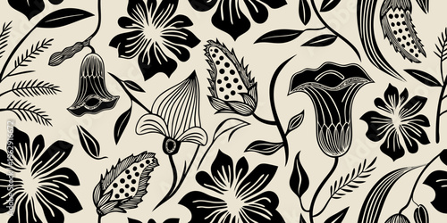 Elegant black and white floral pattern with various botanical shapes