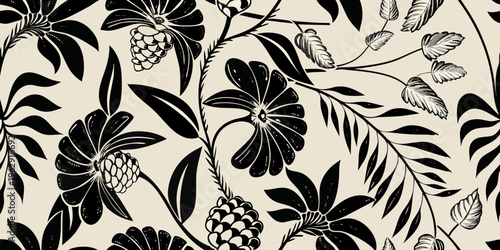 Elegant floral pattern with dark blooms and botanical elements