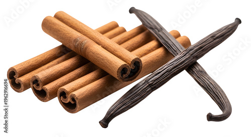 Cinnamon sticks and vanilla beans on white background for cooking and baking recipes transparent background