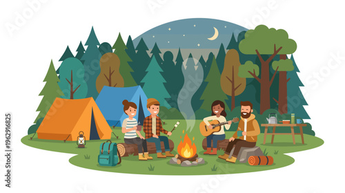 Vector illustration of friends camping in the forest at night around a campfire, roasting marshmallows and playing guitar under a starry sky with crescent moon.