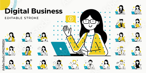 Digital business illustration featuring people working on laptops and communication